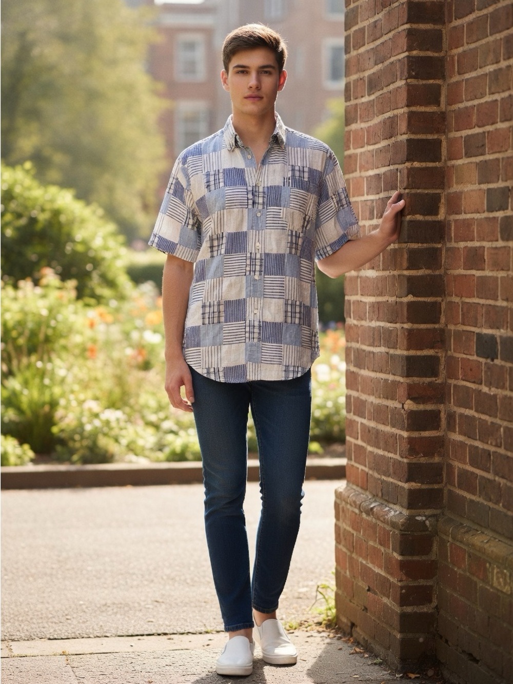 Tommy Hilfiger Men's L Blue White Patchwork Madras Plaid Short Sleeve Shirt
